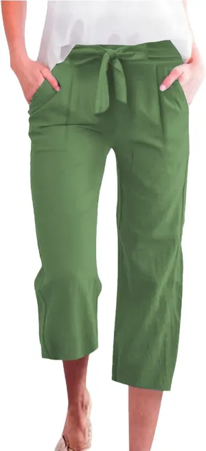Linen Pants Women High Waist Wide Leg Elastic Drawstring Pants Women with Pockets Lounge Comfy Work Trousers