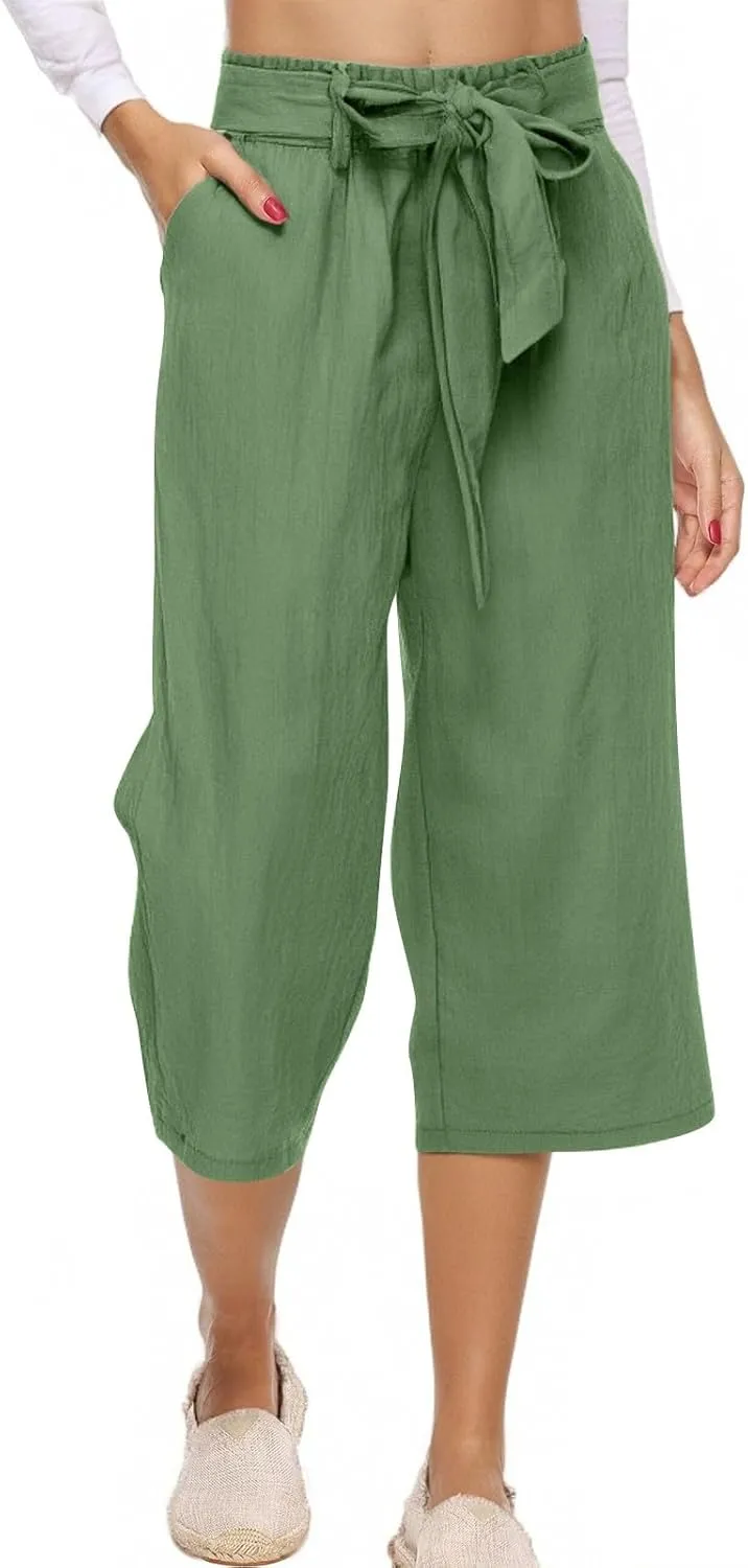 Linen Pants Women High Waist Wide Leg Elastic Drawstring Pants Women with Pockets Lounge Comfy Work Trousers