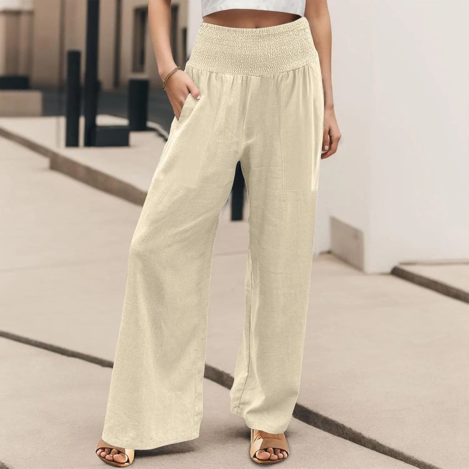 Linen Pants Women Summer 2025 Flowy Wide Leg High Waisted Pants Casual Beach Trousers Vacation Outfits for Women