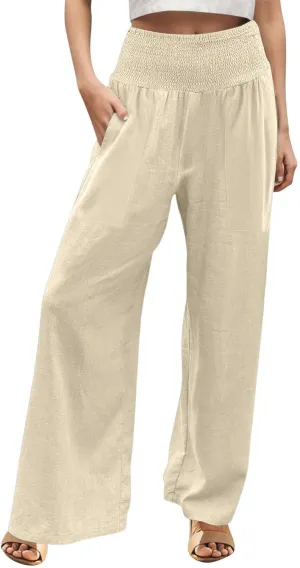 Linen Pants Women Summer 2025 Flowy Wide Leg High Waisted Pants Casual Beach Trousers Vacation Outfits for Women