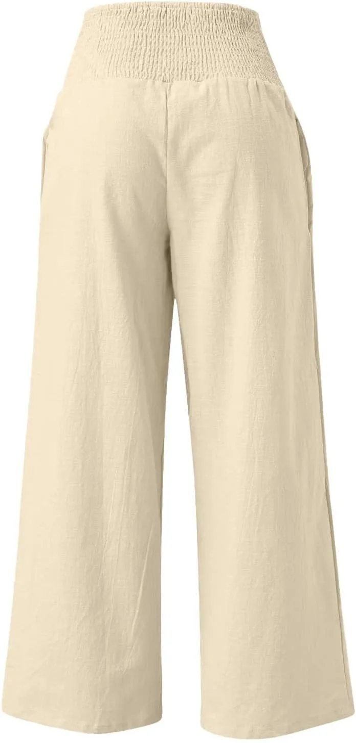 Linen Pants Women Summer 2025 Flowy Wide Leg High Waisted Pants Casual Beach Trousers Vacation Outfits for Women