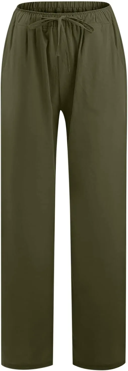 Linen Pants Women Summer Baggy Wide Leg Drawstring Cotton Pants High Waist Lounge Pants Casual Beach Palazzo Trousers