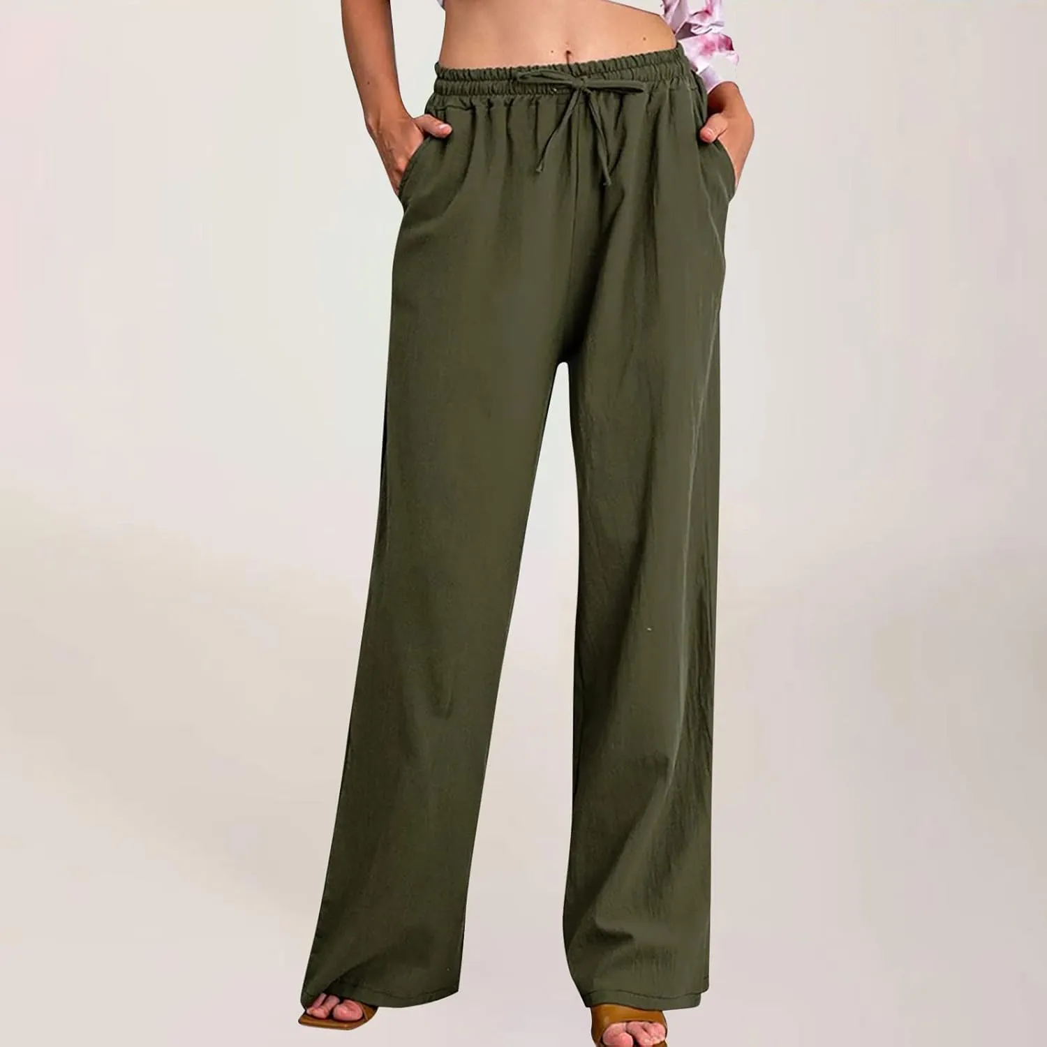 Linen Pants Women Summer Baggy Wide Leg Drawstring Cotton Pants High Waist Lounge Pants Casual Beach Palazzo Trousers