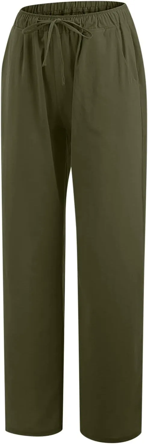 Linen Pants Women Summer Baggy Wide Leg Drawstring Cotton Pants High Waist Lounge Pants Casual Beach Palazzo Trousers