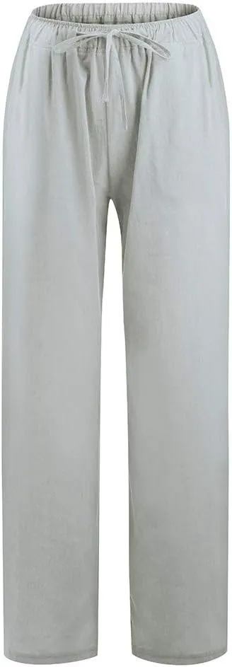Linen Pants Women Summer Baggy Wide Leg Drawstring Cotton Pants High Waist Lounge Pants Casual Beach Palazzo Trousers
