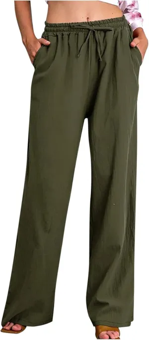 Linen Pants Women Summer Baggy Wide Leg Drawstring Cotton Pants High Waist Lounge Pants Casual Beach Palazzo Trousers