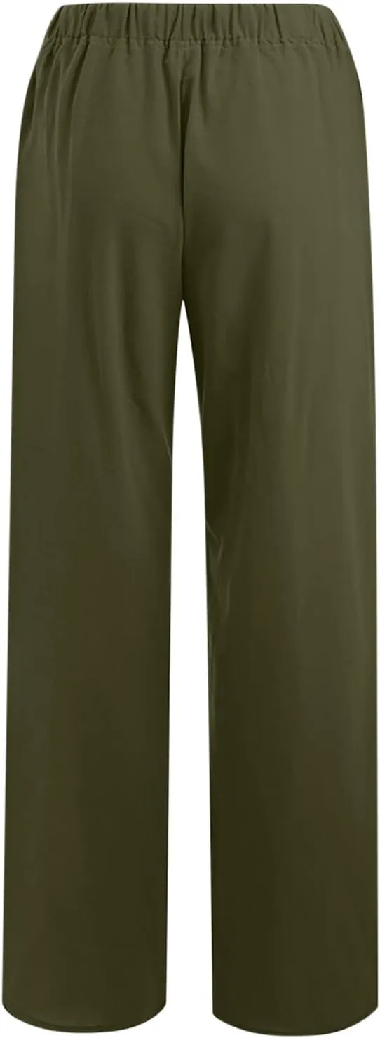 Linen Pants Women Summer Baggy Wide Leg Drawstring Cotton Pants High Waist Lounge Pants Casual Beach Palazzo Trousers