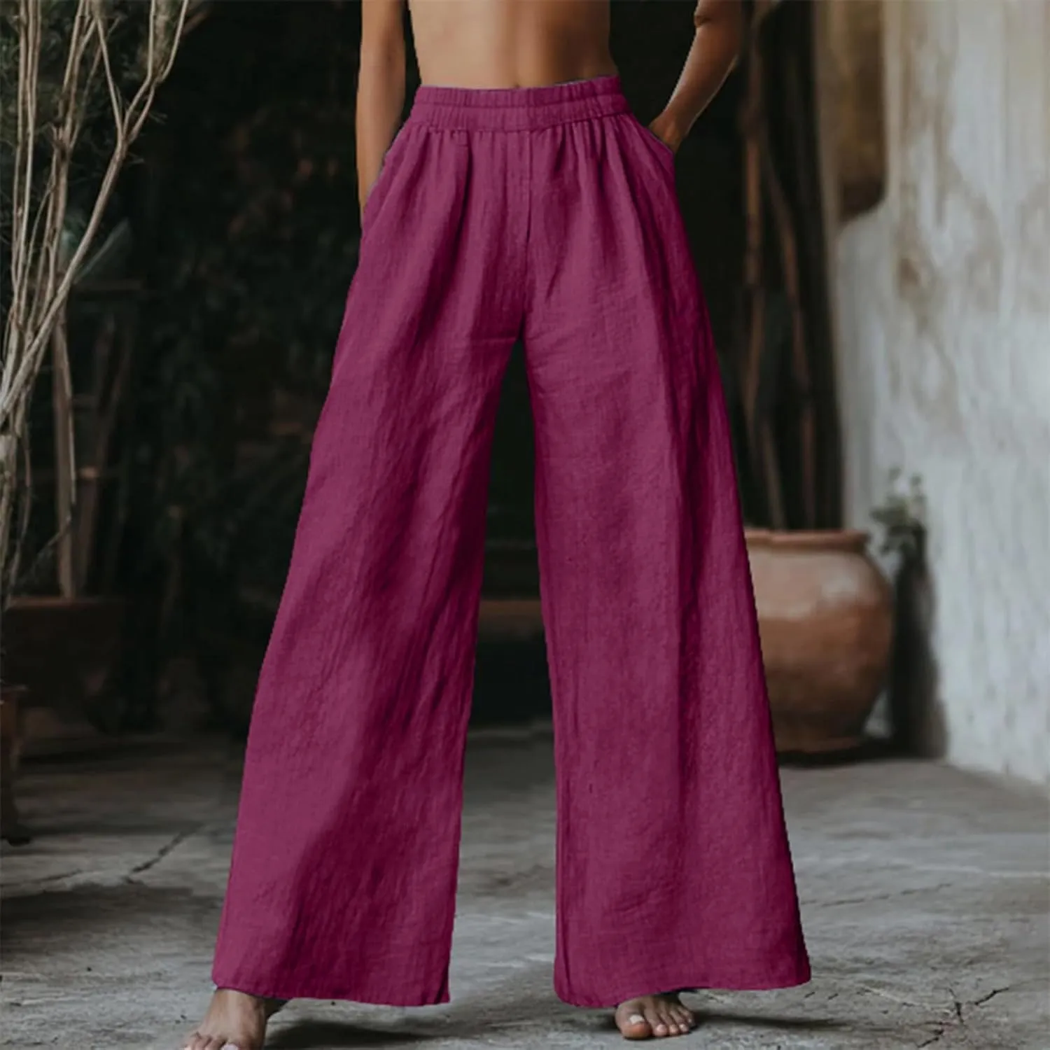 Linen Pants Women Summer Wide Leg Elastic High Waist Pants Summer Casual Long Trousers with Pockets Boho Clothes