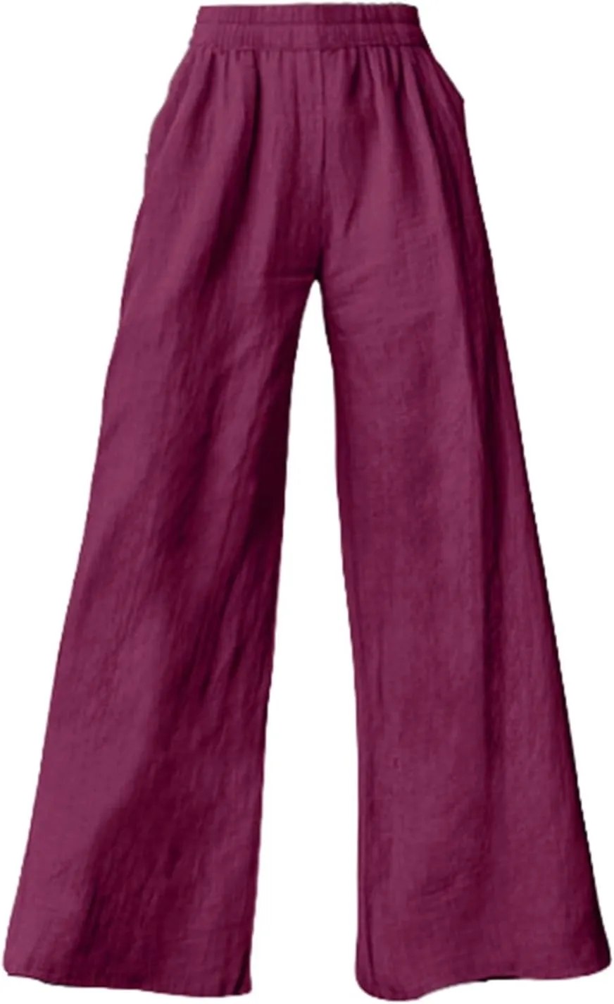 Linen Pants Women Summer Wide Leg Elastic High Waist Pants Summer Casual Long Trousers with Pockets Boho Clothes