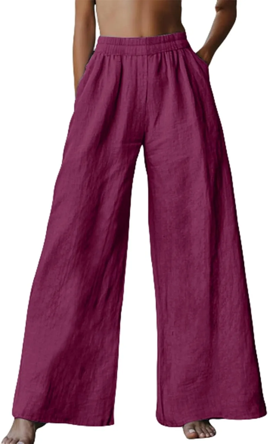 Linen Pants Women Summer Wide Leg Elastic High Waist Pants Summer Casual Long Trousers with Pockets Boho Clothes