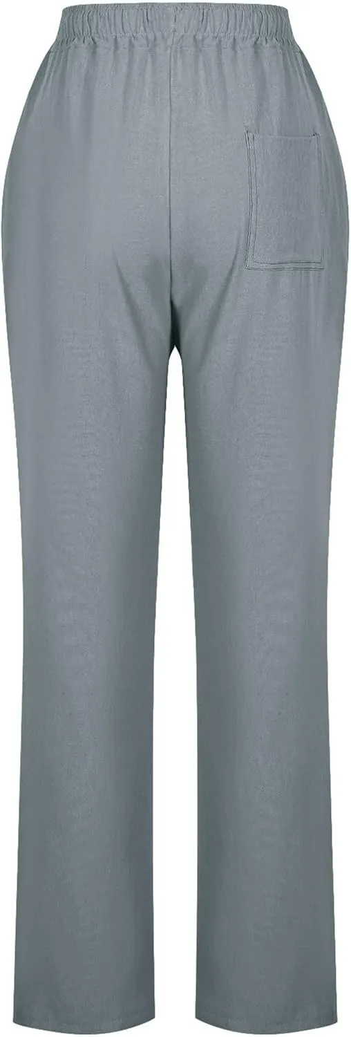 Linen Pants Womens High Waist Drawstring Pant with Pockets Summer Beach Vacation Long Slacks Wide Leg Long Trouser