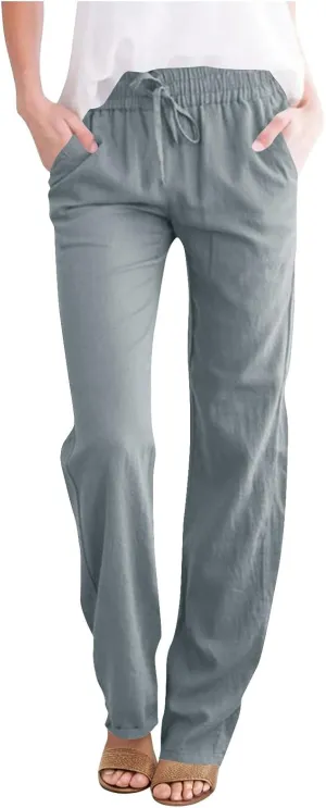Linen Pants Womens High Waist Drawstring Pant with Pockets Summer Beach Vacation Long Slacks Wide Leg Long Trouser