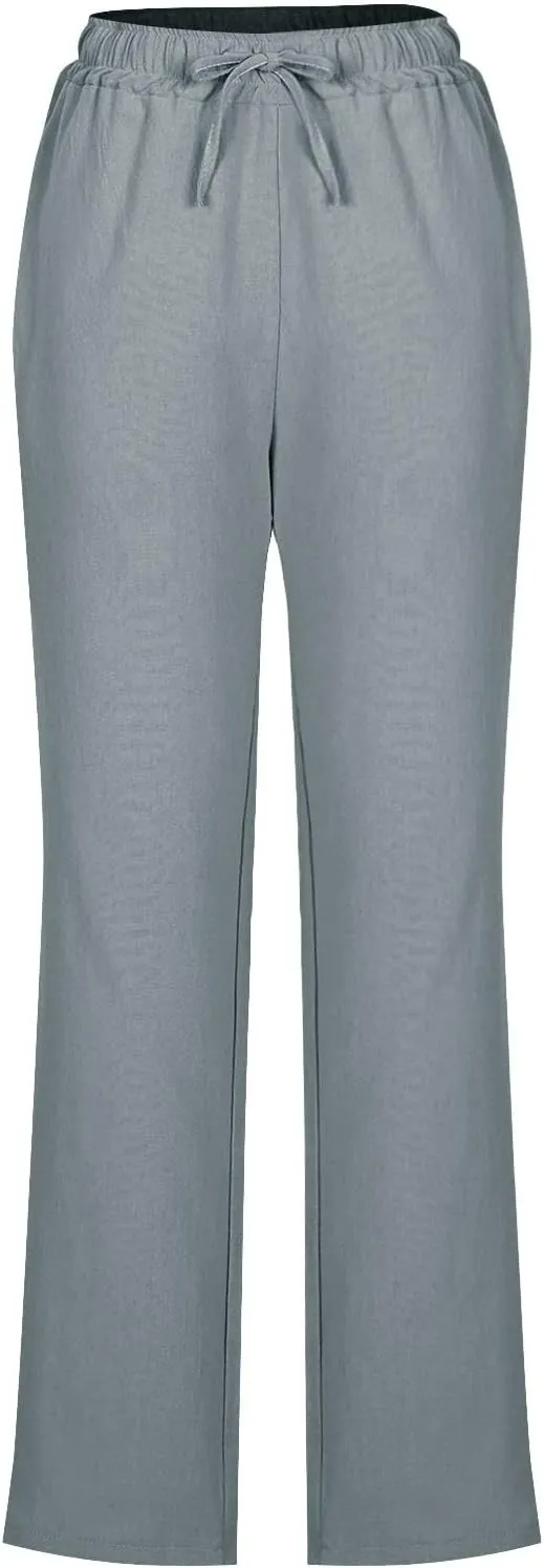 Linen Pants Womens High Waist Drawstring Pant with Pockets Summer Beach Vacation Long Slacks Wide Leg Long Trouser