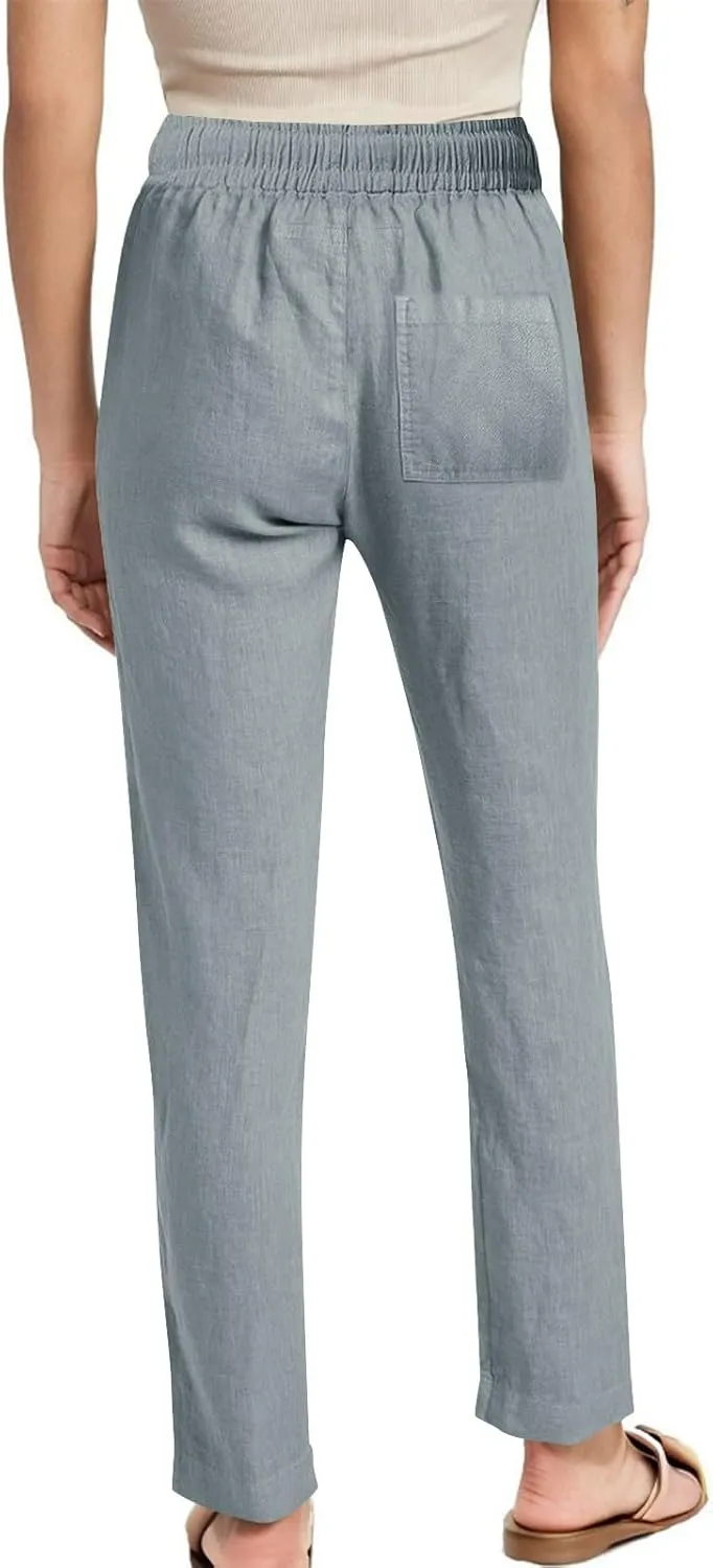 Linen Pants Womens High Waist Drawstring Pant with Pockets Summer Beach Vacation Long Slacks Wide Leg Long Trouser