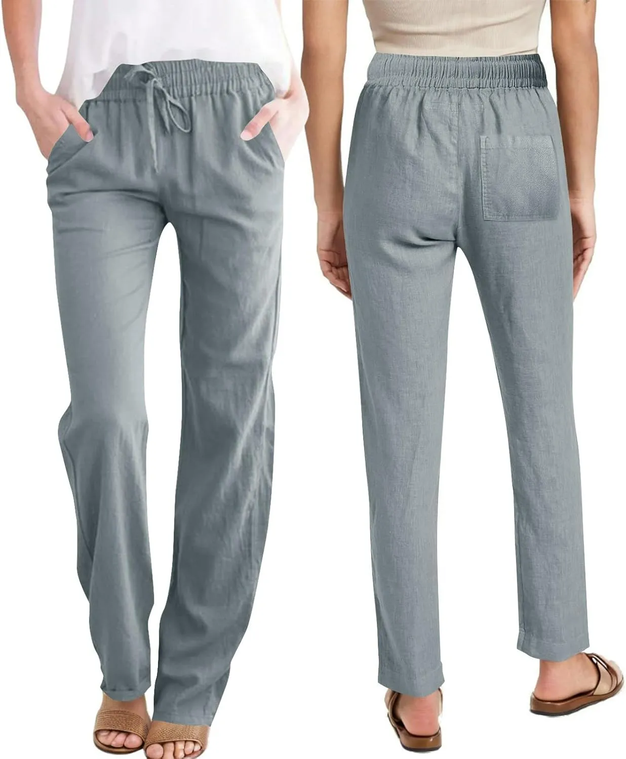 Linen Pants Womens High Waist Drawstring Pant with Pockets Summer Beach Vacation Long Slacks Wide Leg Long Trouser