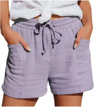 Linen Shorts for Women Plus Size Summer Beach Vacation Resort Wear Casual Drawstring Elastic High Waist Shortts with Pockets