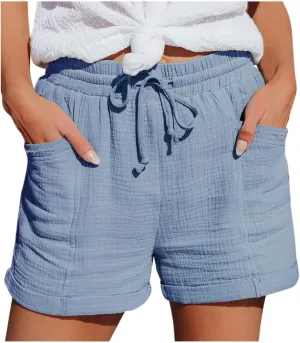 Linen Shorts for Women Plus Size Summer Beach Vacation Resort Wear Casual Drawstring Elastic High Waist Shortts with Pockets