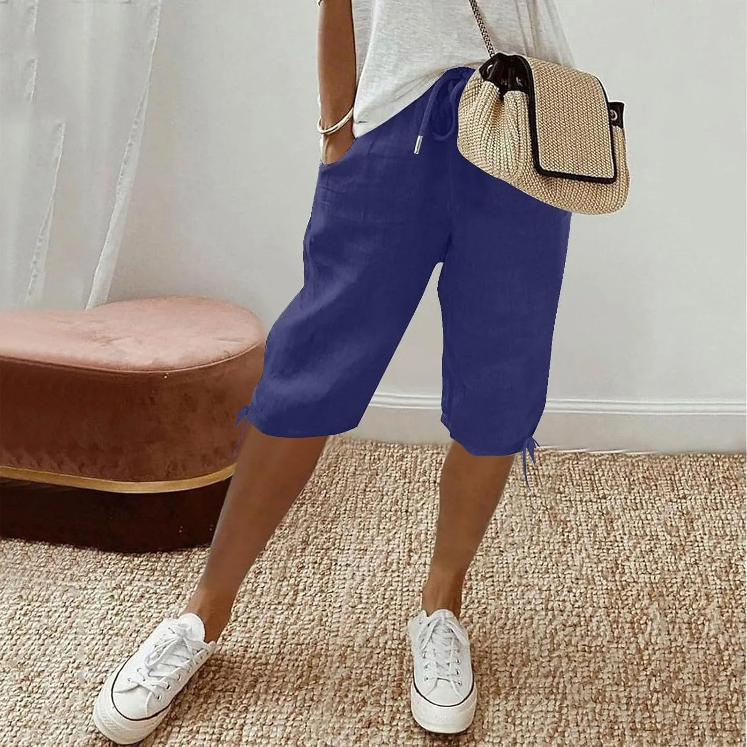 Linen Trousers for Women Solid Color Casual Side Lace Summer Drawstring Pants with Pocket for Beach Vacations