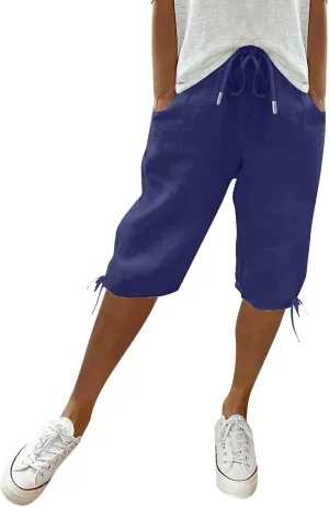 Linen Trousers for Women Solid Color Casual Side Lace Summer Drawstring Pants with Pocket for Beach Vacations