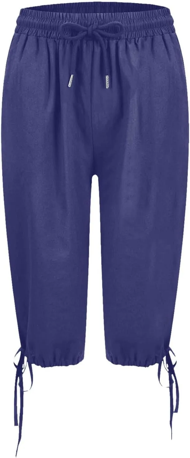 Linen Trousers for Women Solid Color Casual Side Lace Summer Drawstring Pants with Pocket for Beach Vacations