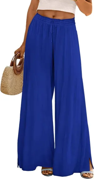 Linen Wide Leg Pants for Women Stretch Smocked High Waisted Ruffle Hem Palazzo Pants 2025 Summer Loose Beach Pants