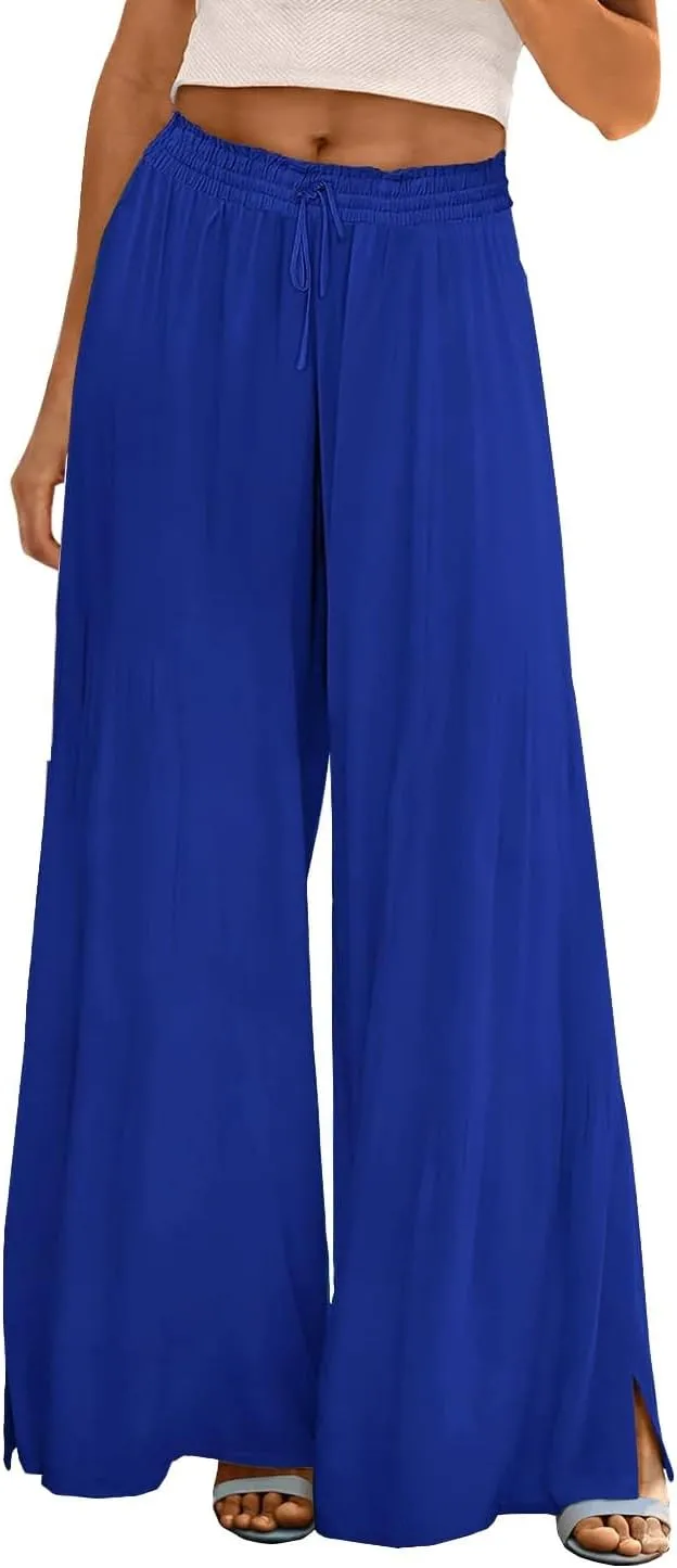 Linen Wide Leg Pants for Women Stretch Smocked High Waisted Ruffle Hem Palazzo Pants 2025 Summer Loose Beach Pants