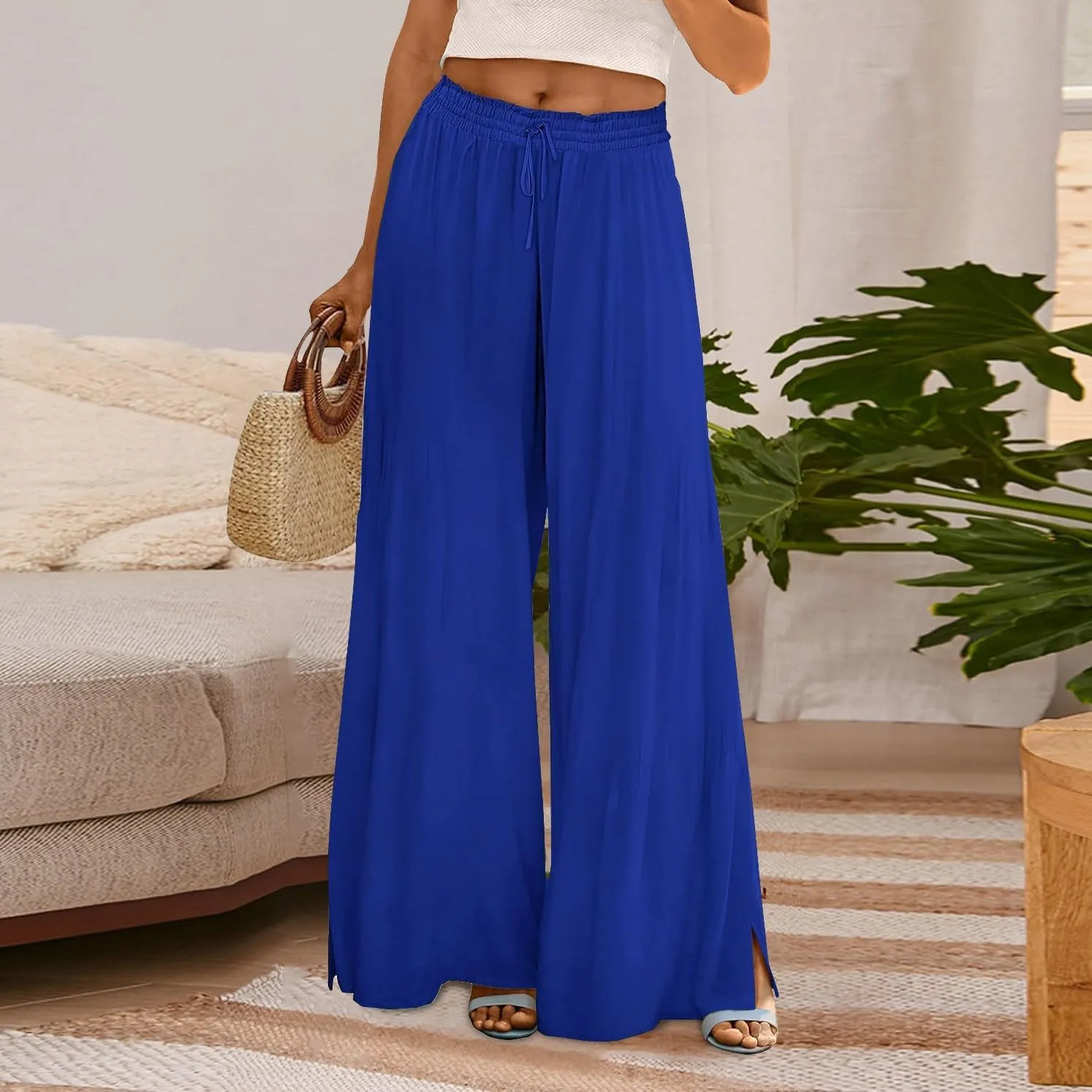 Linen Wide Leg Pants for Women Stretch Smocked High Waisted Ruffle Hem Palazzo Pants 2025 Summer Loose Beach Pants