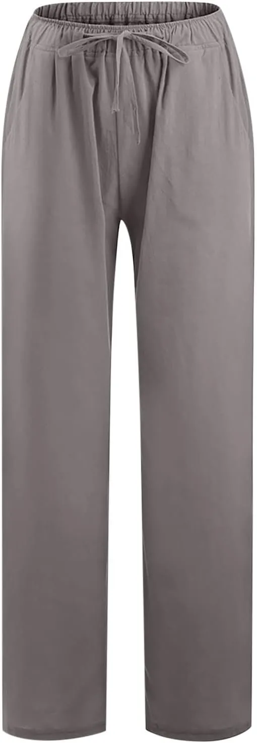 Loose Linen Pants for Women 2025 Summer Trendy Drawstring Waist Pants Beach Vacation Trousers with Pockets