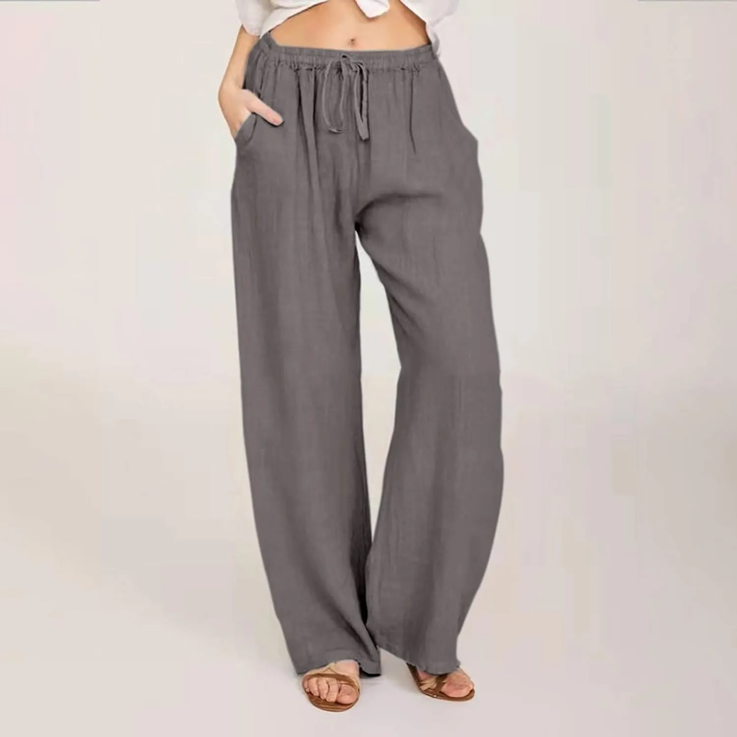Loose Linen Pants for Women 2025 Summer Trendy Drawstring Waist Pants Beach Vacation Trousers with Pockets