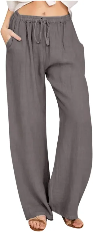 Loose Linen Pants for Women 2025 Summer Trendy Drawstring Waist Pants Beach Vacation Trousers with Pockets