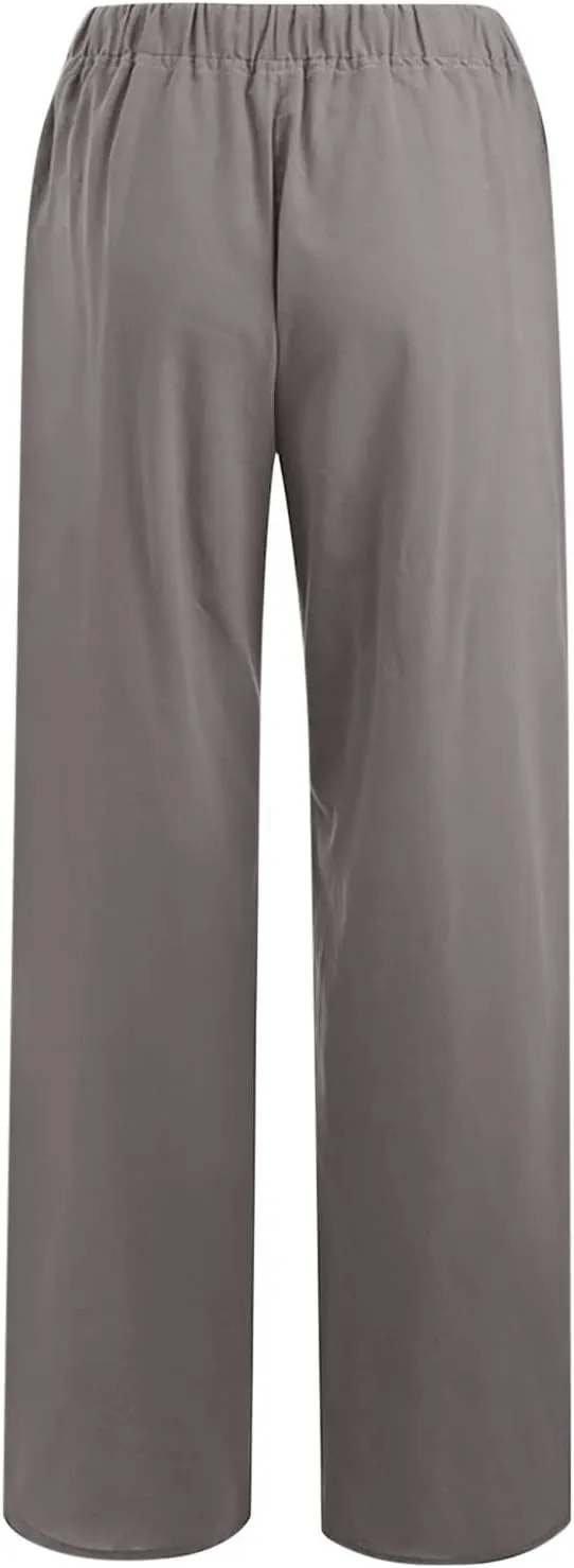 Loose Linen Pants for Women 2025 Summer Trendy Drawstring Waist Pants Beach Vacation Trousers with Pockets