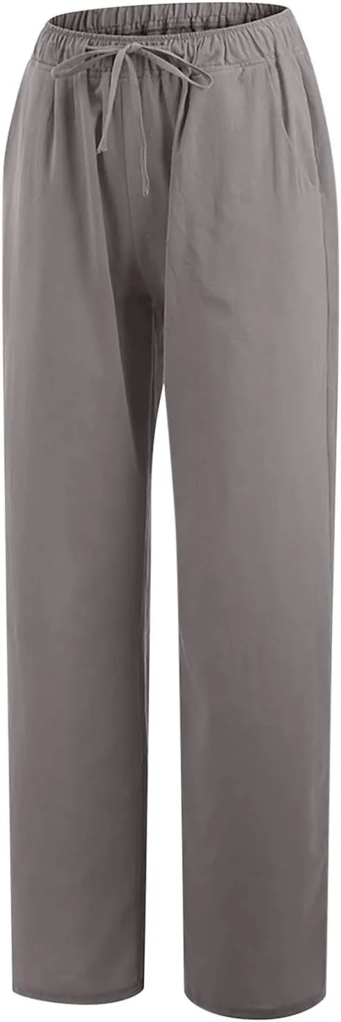 Loose Linen Pants for Women 2025 Summer Trendy Drawstring Waist Pants Beach Vacation Trousers with Pockets