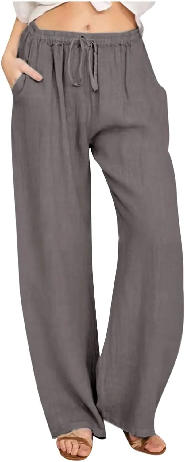 Loose Linen Pants for Women 2025 Summer Trendy Drawstring Waist Pants Beach Vacation Trousers with Pockets