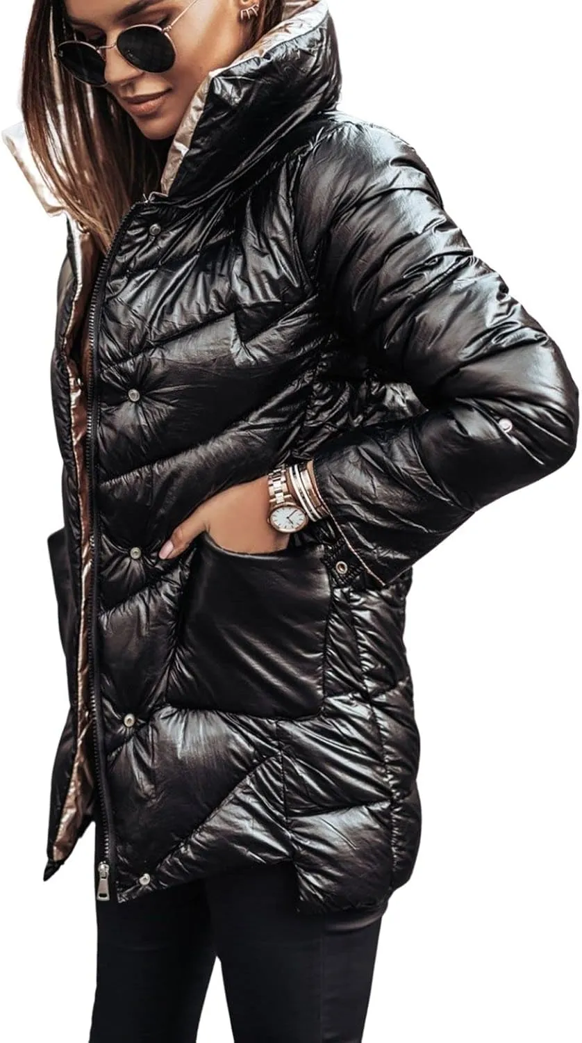 loveimgs Women Insulated Metallic Puffer Jacket Chevron Shiny Padded Bubble Jacket Parka Quilted Down Jacket