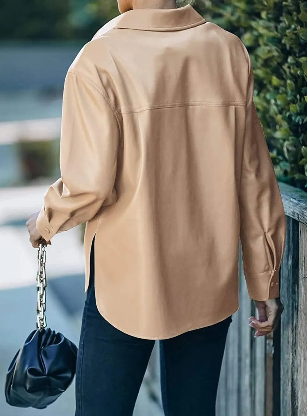 loveimgs Women's Casual PU Faux Leather Moto Jacket Button Down Shirt Oversized Shacket with Pocket