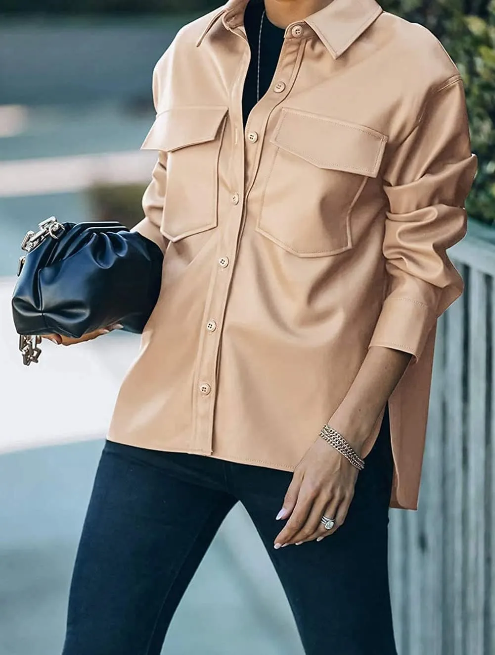 loveimgs Women's Casual PU Faux Leather Moto Jacket Button Down Shirt Oversized Shacket with Pocket