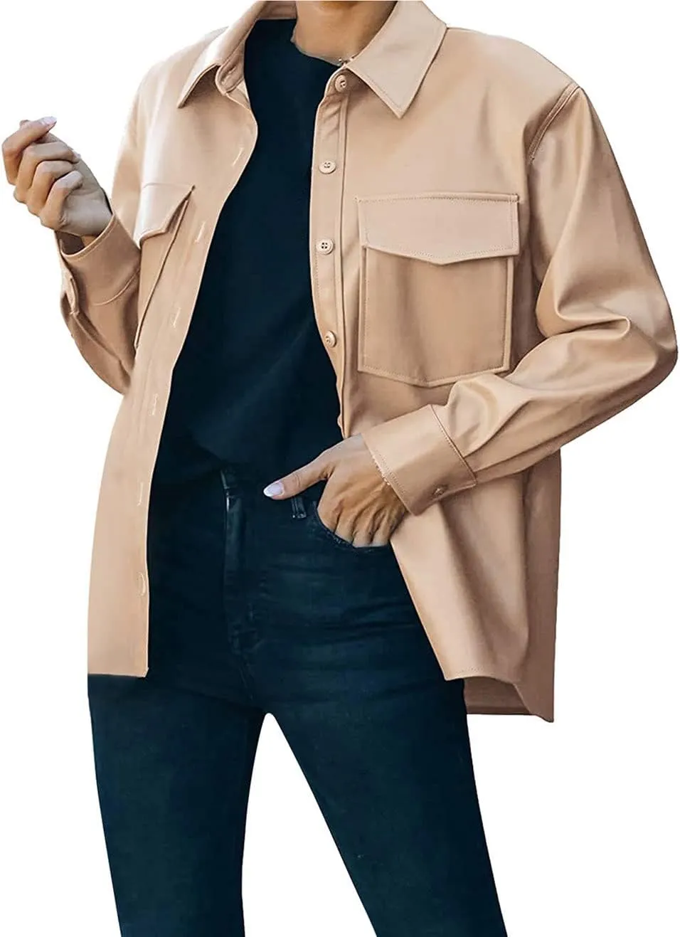 loveimgs Women's Casual PU Faux Leather Moto Jacket Button Down Shirt Oversized Shacket with Pocket