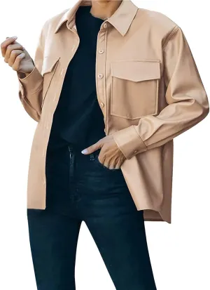 loveimgs Women's Casual PU Faux Leather Moto Jacket Button Down Shirt Oversized Shacket with Pocket