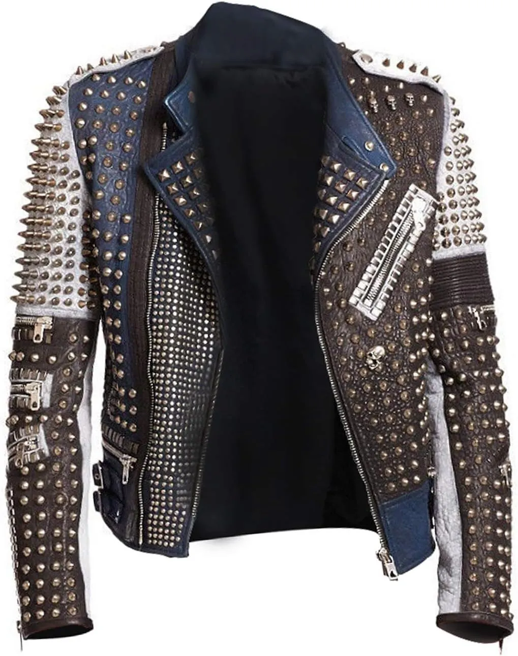 LP-FACON Mens Rock Punk Studded Leather Jacket - Brando Motorcycle Black Biker Leather Jacket Motorbike Spike Outerwear