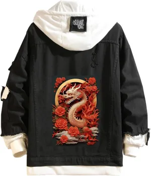 Lpstop Chinese Dragon Denim Jacket Dragon Hand Drawn Style Hoodie Animal Print Lightweight Jacket Coat for Teens