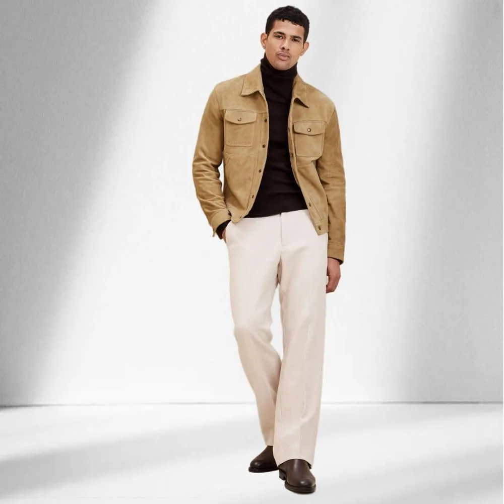 Luis Suede Lambskin Leather Jacket for Men Spread Collar Chest Flap Slant Pockets Button Front Closure for Western Party Wear