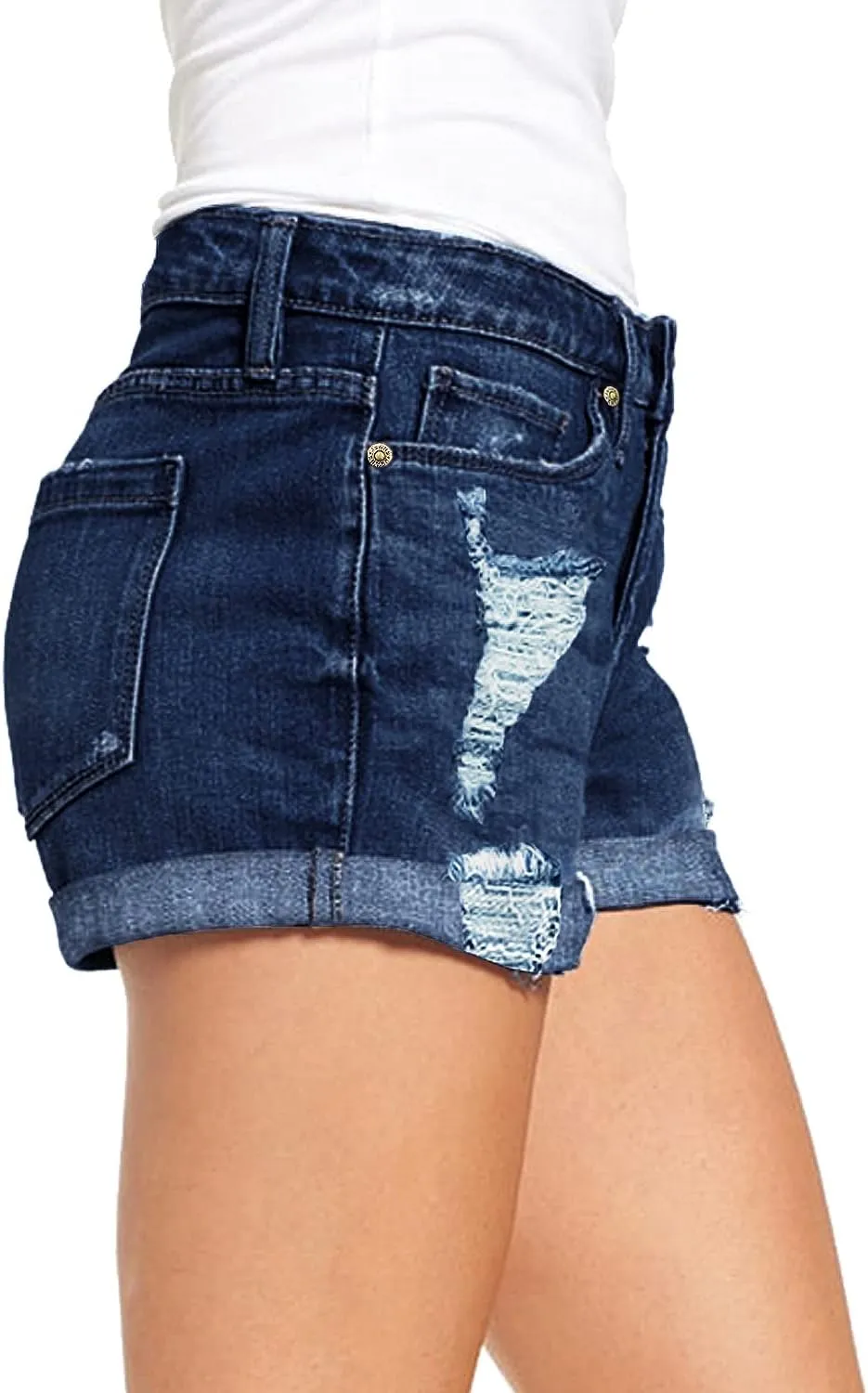 luvamia Women's Ripped Denim Jean Shorts High Waisted Stretchy Folded Hem Short Jeans