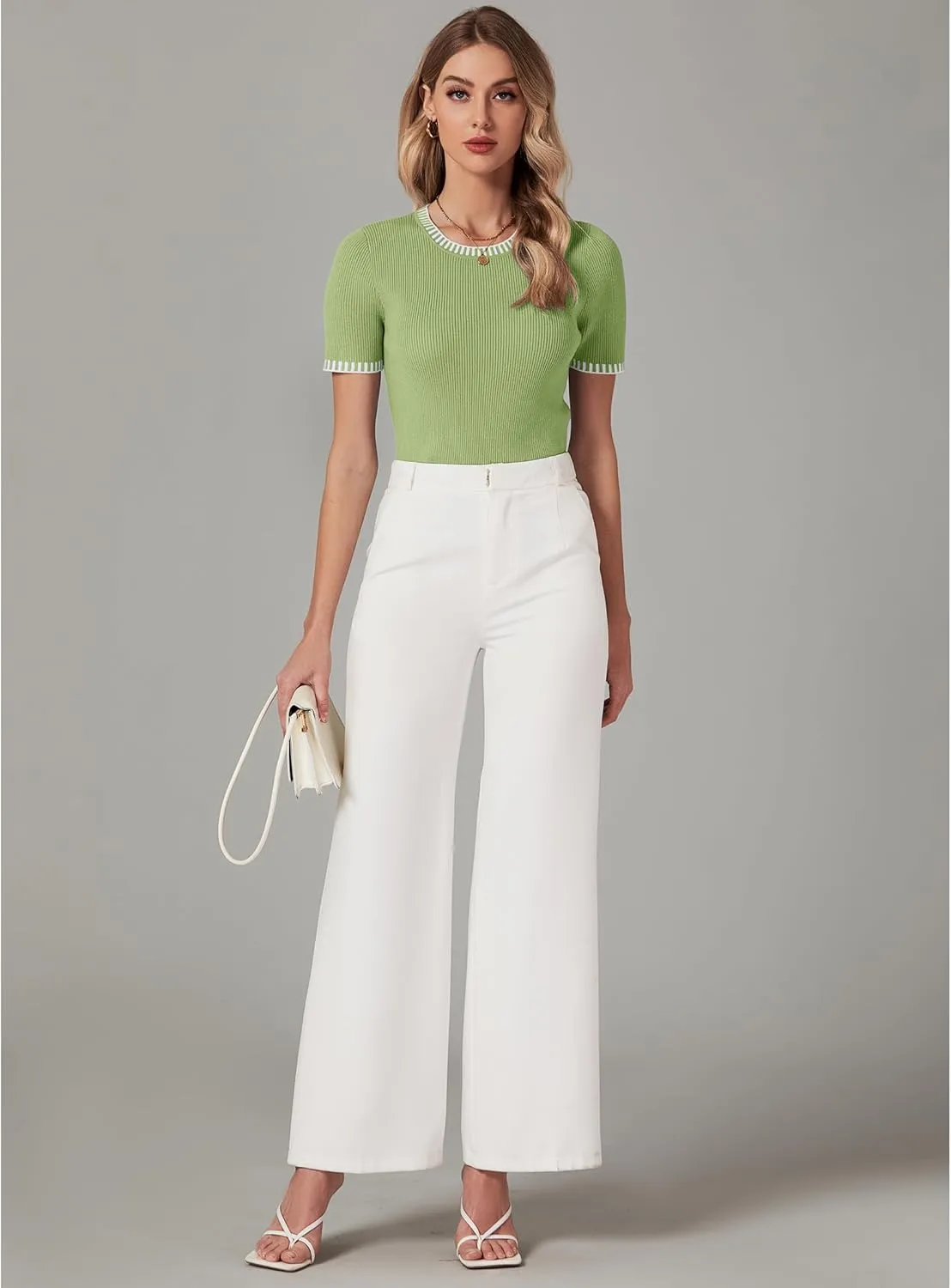 luvamia Womens Tops Trendy Business Casual Summer Short Sleeve Sweater Top Slim Fit Color Block Crewneck Ribbed Knit Tee