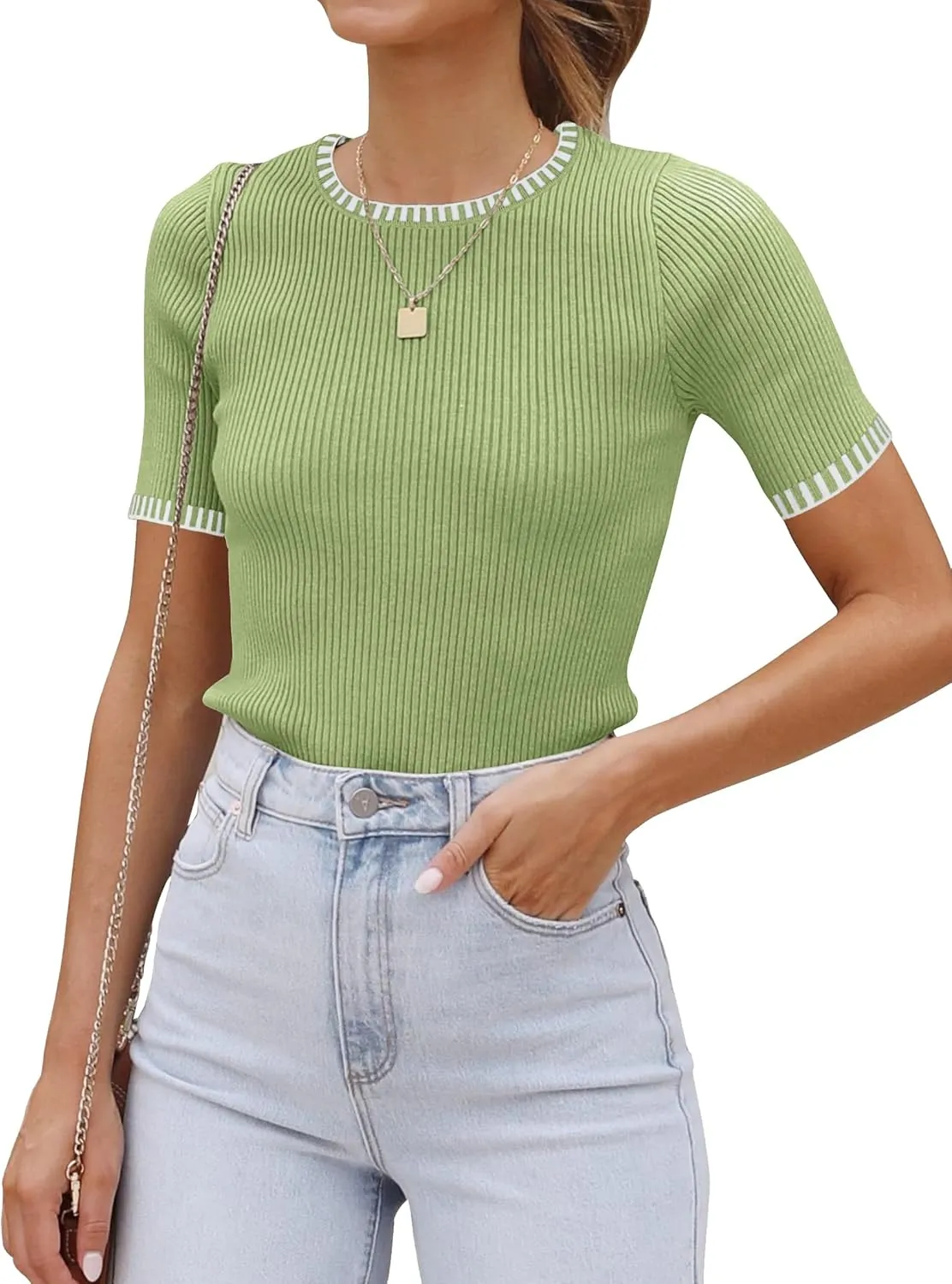 luvamia Womens Tops Trendy Business Casual Summer Short Sleeve Sweater Top Slim Fit Color Block Crewneck Ribbed Knit Tee