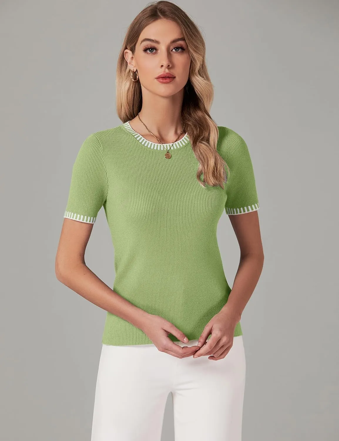 luvamia Womens Tops Trendy Business Casual Summer Short Sleeve Sweater Top Slim Fit Color Block Crewneck Ribbed Knit Tee