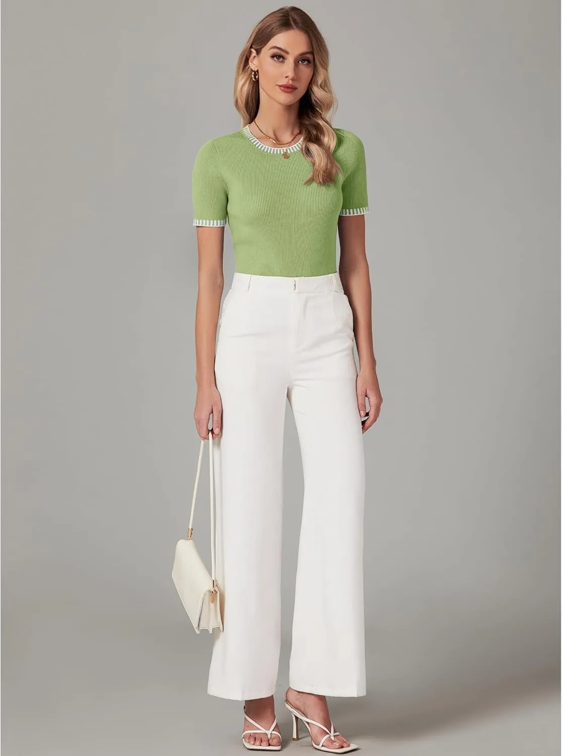 luvamia Womens Tops Trendy Business Casual Summer Short Sleeve Sweater Top Slim Fit Color Block Crewneck Ribbed Knit Tee