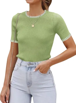 luvamia Womens Tops Trendy Business Casual Summer Short Sleeve Sweater Top Slim Fit Color Block Crewneck Ribbed Knit Tee