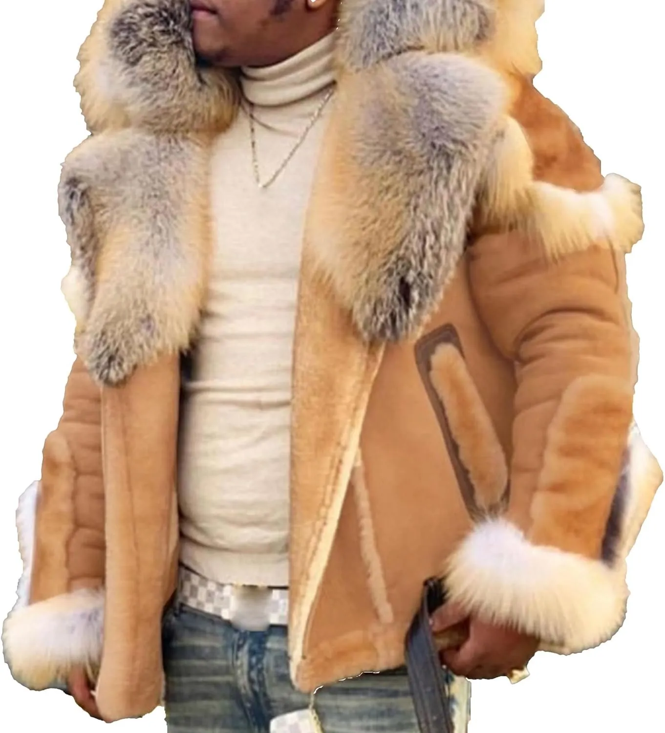 Maiyifu-GJ Men's Winter Coat Faux Leather Jacket Thicken Warm Fleece Lined Overcoat Windproof Vintage Trench Coats Outerwear