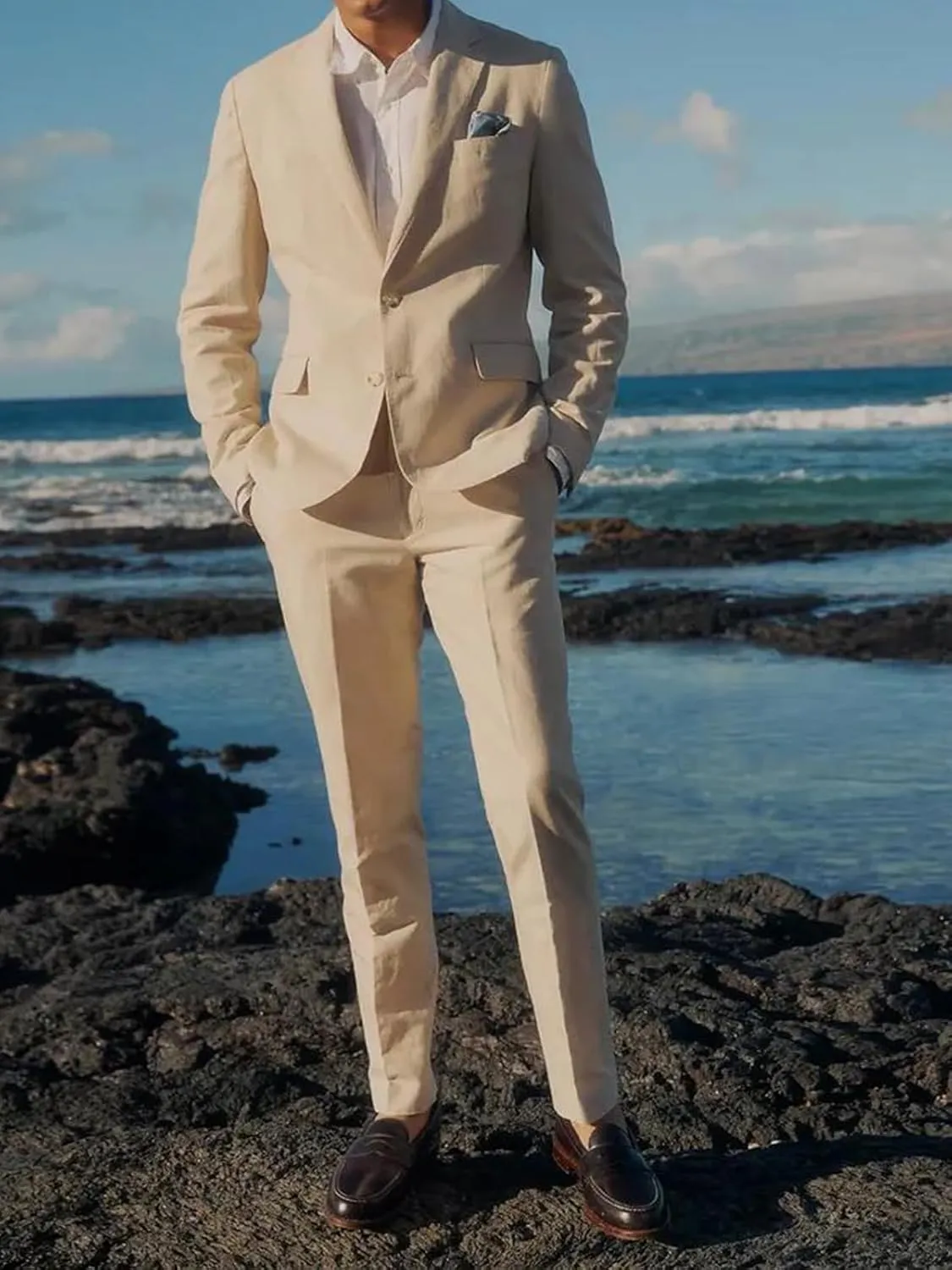 Man's 3 Piece Suit Linen Slim Fit Tuxedo Casual Wedding Beach Dinner Prom Blazer Jacket Vest Pants Suit Set