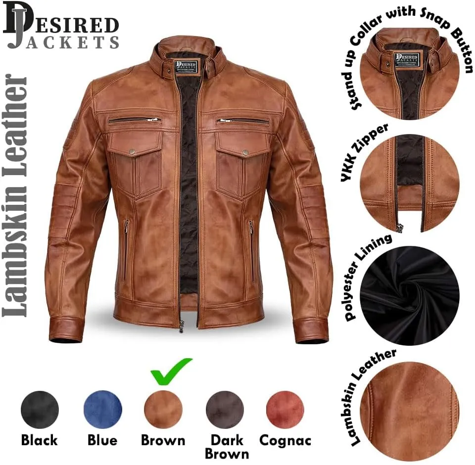 Men Cafe Racer Motorcycle Style Solid Color Leather Jacket Slim Fit Motorcycle Brown Leather Jacket Moto Rider Cafe Racer